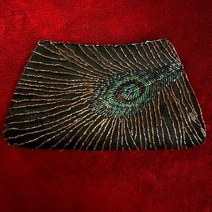 CATO beaded peacock design clutch, 5” x 10” satin back & lining, brown/blue bead
